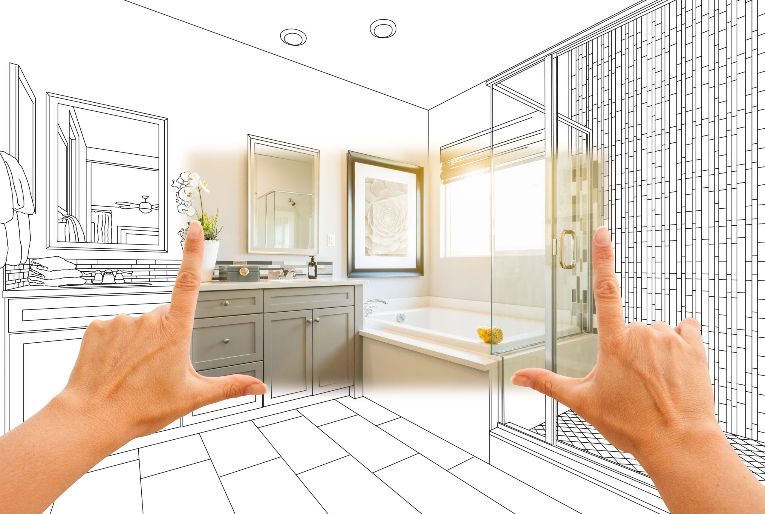 hands-framing-custom-master-bathroom-photo-section-with-drawing-behind-stockpack-adobe-stock Hands Framing Custom Master Bathroom Photo Section with Drawing Behind